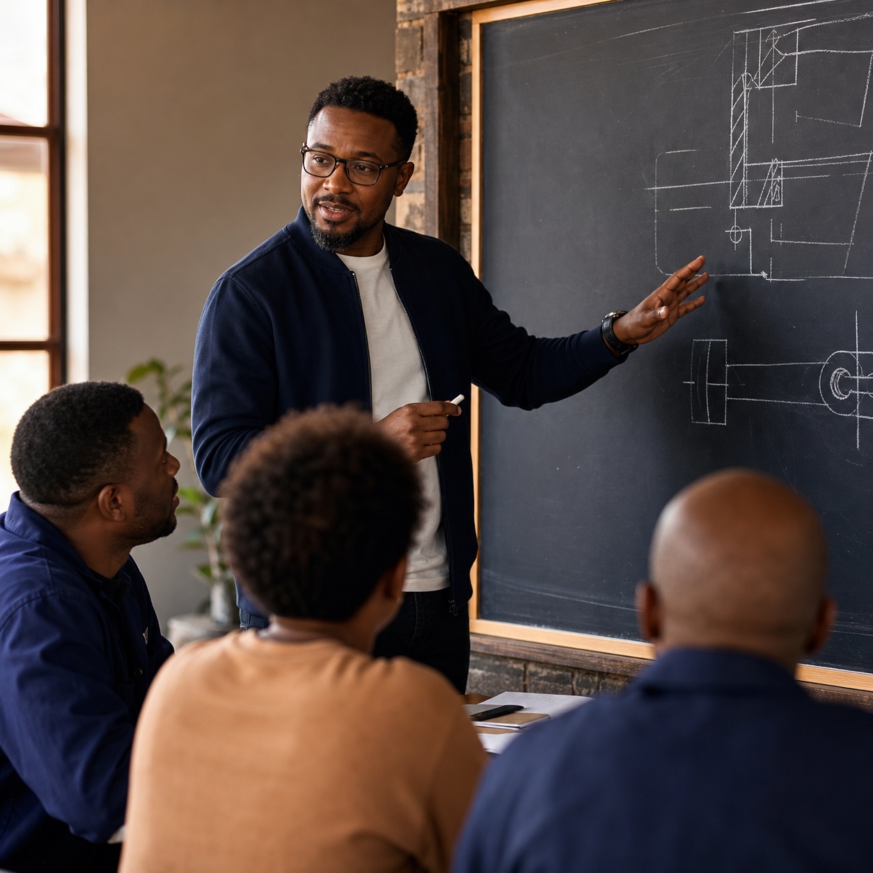 Teacher explaining a lesson at a blackboard to adult learners